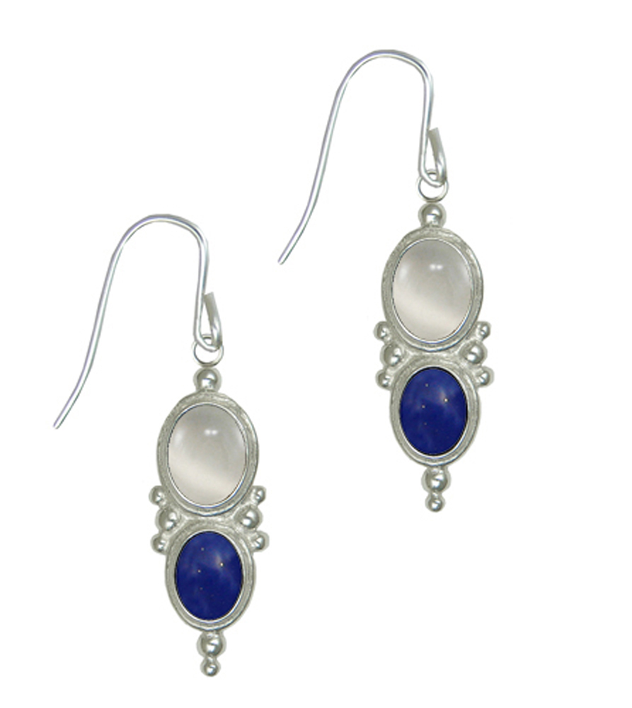 Sterling Silver White Moonstone And Lapis Lazuli Gemstone Drop Dangle Earrings